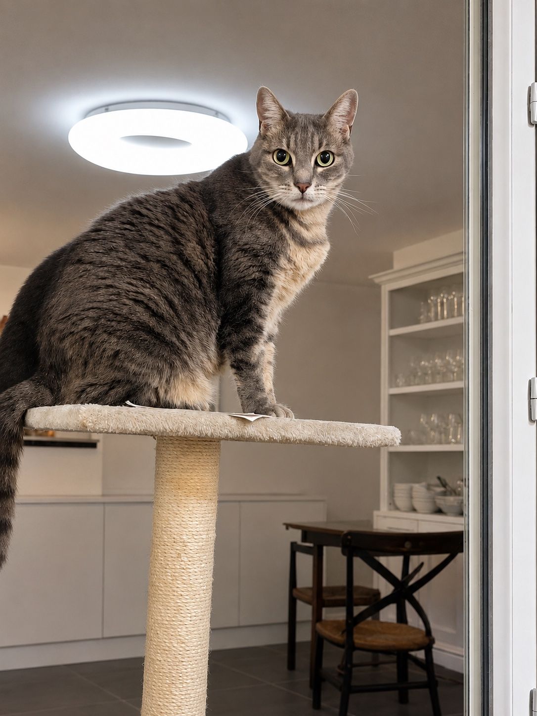 Chat perché en haut de son arbre à chat, observant la pièce depuis son poste