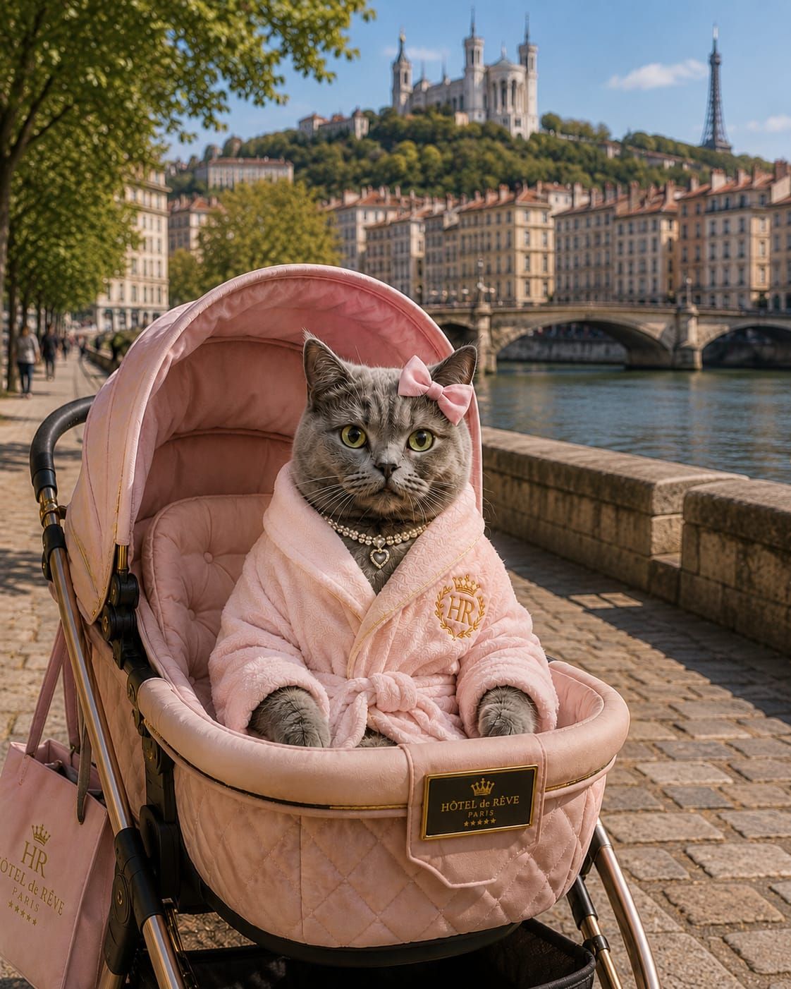 Chat gris en peignoir installé dans une poussette sur les quais de Lyon
