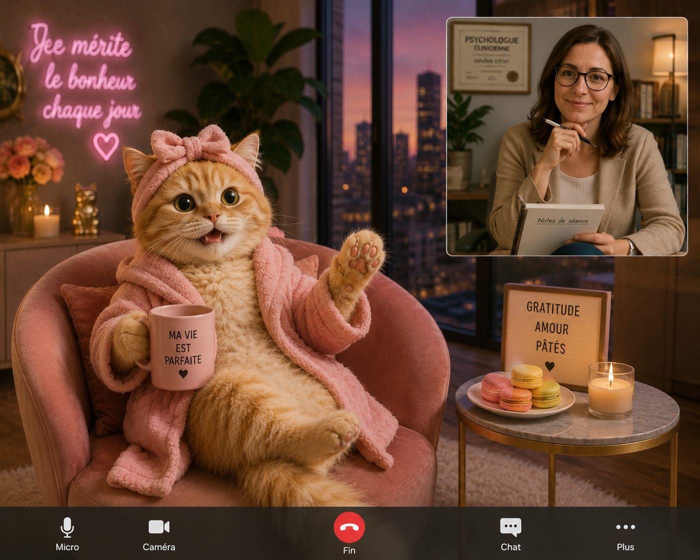 Chat en peignoir rose en visioconférence avec une psychologue