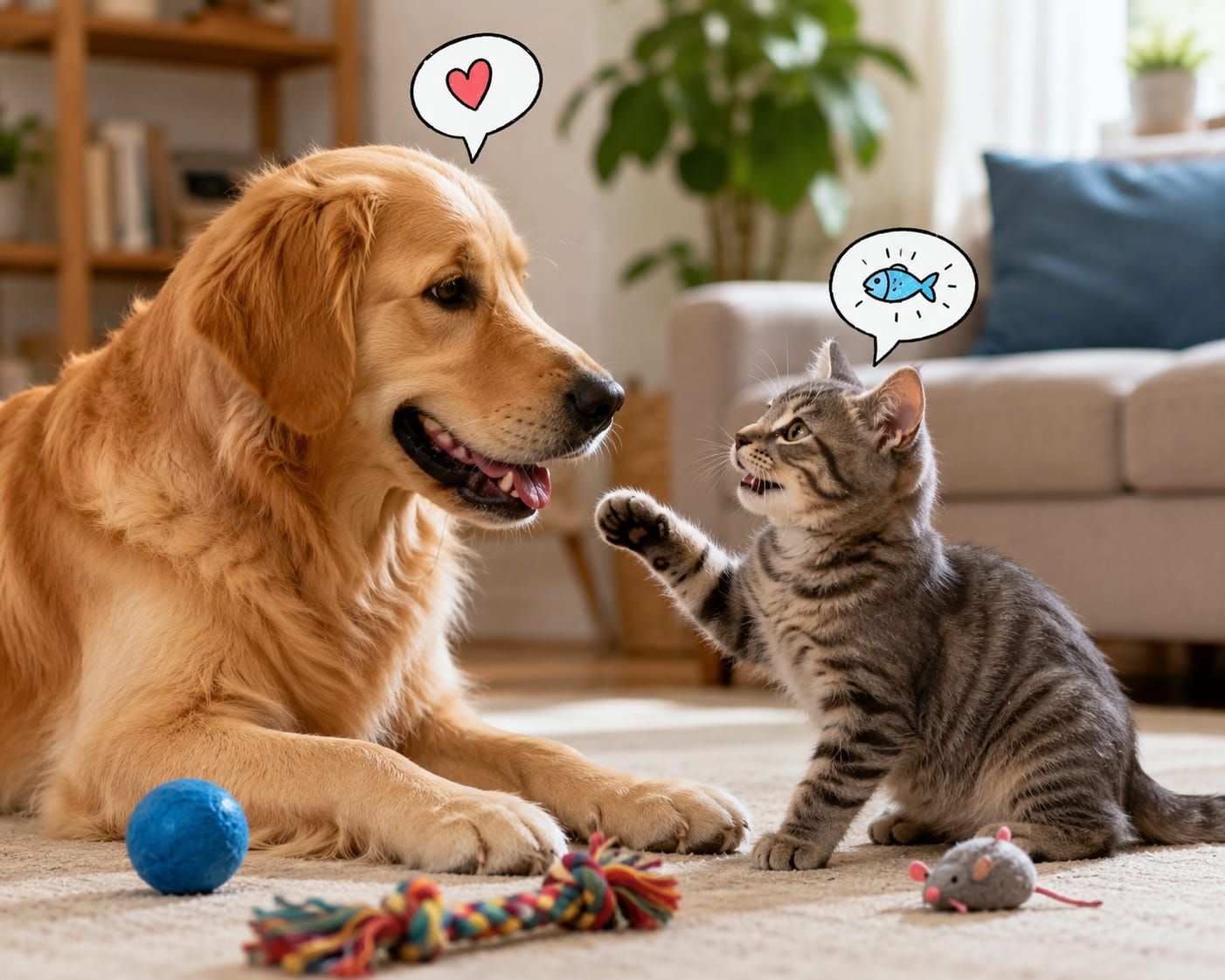 Chien et chaton qui communiquent, bulles cœur et poisson