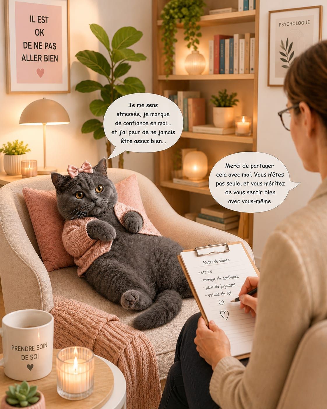 Illustration humoristique : un chat gris installé dans un fauteuil, en séance chez une psychologue qui prend des notes