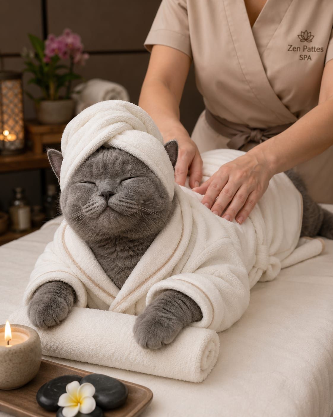 Illustration humoristique : un chat gris en peignoir et serviette sur la tête, massé sur une table de spa